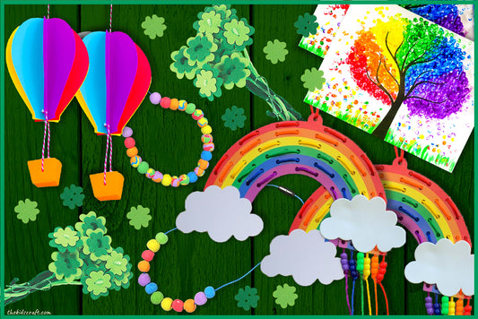 This picture shows The Kids Craft's Cherish the Rainbow Craft Kit and the material included & final product that your kid will be able to create once they are done. This is a Craft Kit Box for up to 2 crafters. Let your kid be a creator with this Craft Kit Box - The Kids Craft, a Creativeana LLC company creation. Your kid will love The Kids Craft's Cherish The Rainbow Crafts as they create their own hot air balloon, decorate their rainbow, create a necklace, and create their art masterpiece.