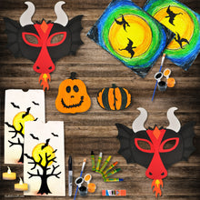 Load image into Gallery viewer, This picture shows The Kids Craft&#39;s The Fiery Dragon Craft Kit and the material included &amp; final product that your kid will be able to create once they are done. This is a Craft Kit Box for up to 2 crafters.  Let your kid be a creator with this Craft Kit Box - The Kids Craft, a Creativeana LLC company creation. Your kid will love The Kids Craft&#39;s The Fiery Dragon Crafts as they create their own wearable Fiery Dragon, decorate Luminary Bag, decorate a pumpkin, and create their dragon art masterpiece.
